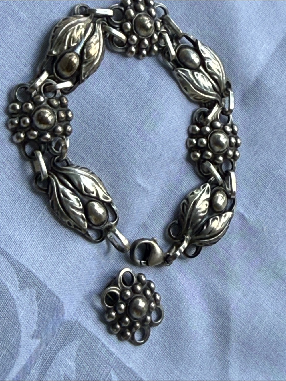 Vintage 1940s Georg Jensen USA Sterling leaf & berries bracelet w/ extra link